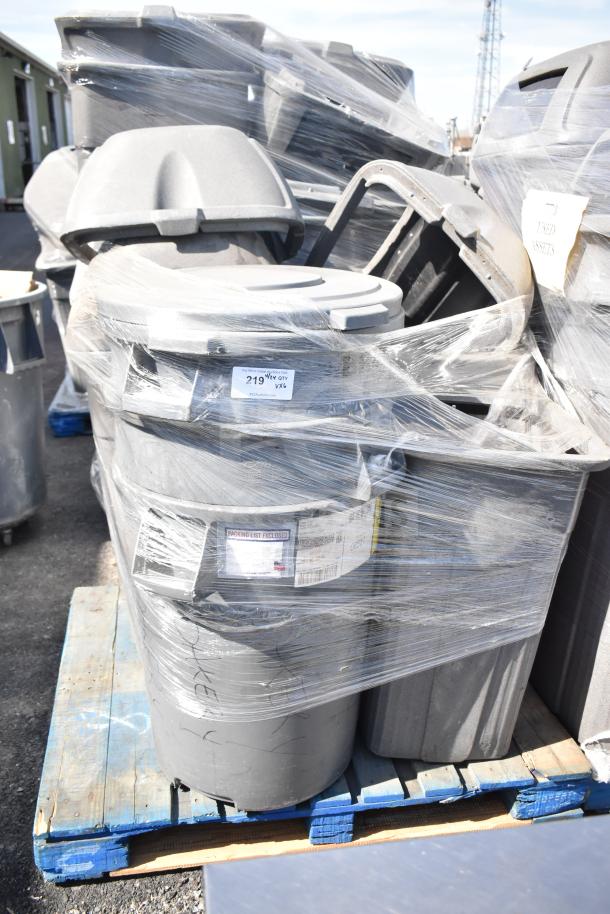 Six gray poly trash cans with extra lids, wrapped on pallets, labeled with packing list. Sold as 6 times bid amount.