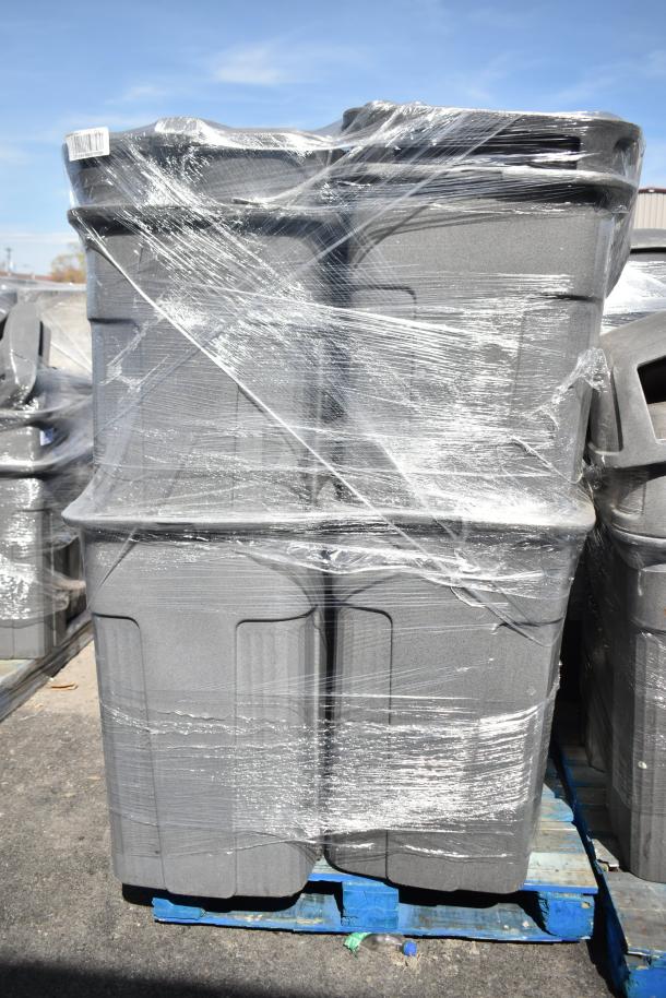 Stacked gray poly trash cans, eight units shrink-wrapped on a pallet. Like-new condition, ideal for bulk purchase.