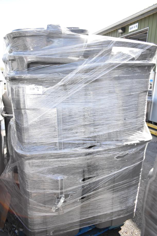 8 gray poly trash cans wrapped in plastic on a pallet, tag labeled "220" indicating auction quantity.