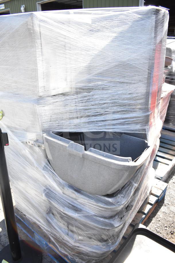 Six gray poly trash cans, stacked and wrapped, new condition, auction for bulk purchase.