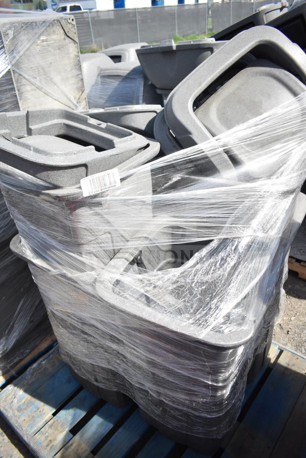 Six gray poly trash cans wrapped on a pallet, new condition, barcode visible. Auction listing is for six cans.