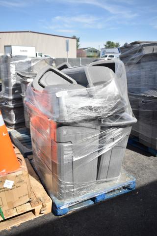 Six gray poly trash cans on a pallet, wrapped in plastic. Featuring durable construction, suitable for high-capacity use.