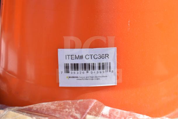 4 new Boen CTC36R 36" orange PVC reflective cones, scratch and dent condition, item tag with barcode visible.