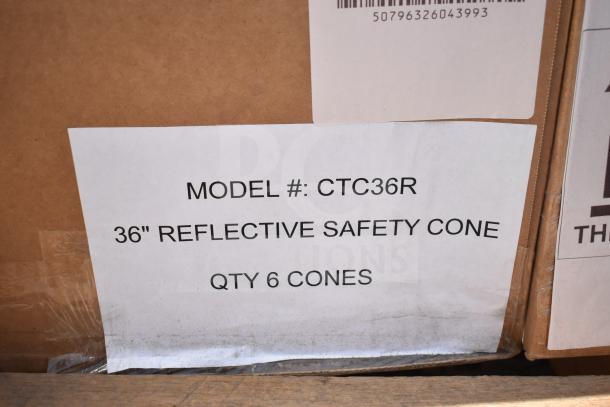 "Box label reads 'MODEL #: CTC36R, 36" Reflective Safety Cone, QTY 6 Cones,' indicating Boen traffic cones."