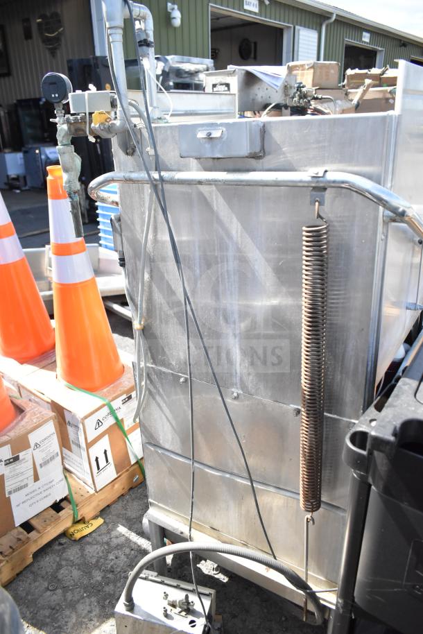 Hobart AM-14 Commercial Dishwasher, stainless steel, pass through model, visible external piping, used condition.