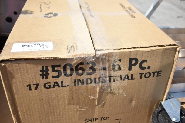 Cardboard box labeled "#5063-6 Pc. 17 Gal. Industrial Tote." Box has shipping labels and visible wear.