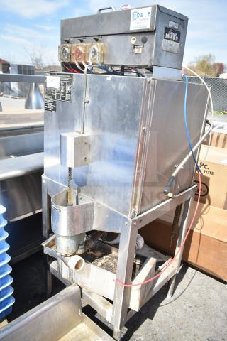 CMA AH-2 commercial pass-through dishwasher, stainless steel, used condition, visible labels and connections.