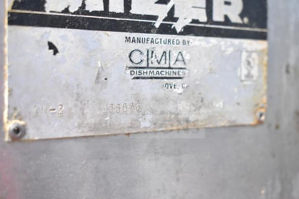 CMA AH-2 Commercial Pass Through Dishwasher, silver, visible manufacturer label indicating model and serial number.