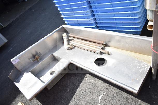 Right side dirty side dishwasher table, stainless steel, used condition, sink and faucet included, visible drain hole.