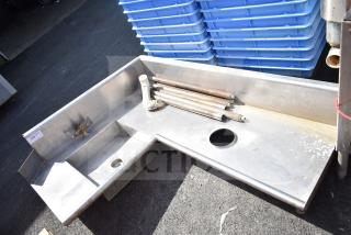 Right side dirty side dishwasher table, stainless steel, used condition, sink and faucet included, visible drain hole.