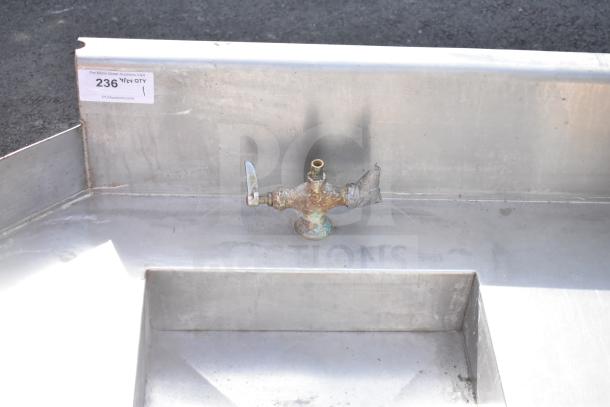 Right side dirty side dishwasher table with a visible corroded valve, stainless steel construction, and auction tag reading "236 1/QTY".