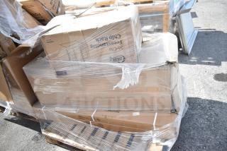 4 new scratch-and-dent items: boxed stool, shelf, others. Wrapped in plastic. Boxes marked "Freestranding Chip Rack."