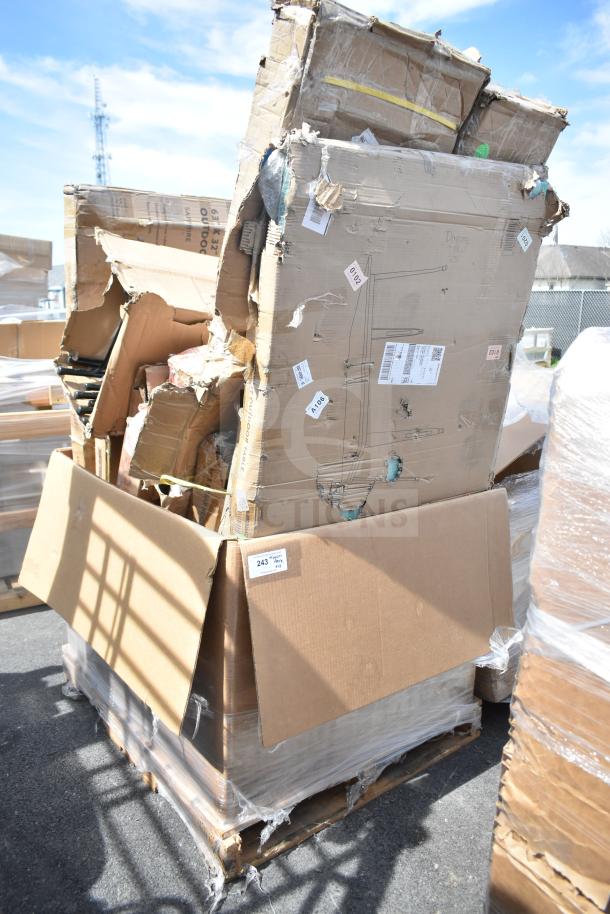 Pallet of 13 brand new scratch and dent furniture items in damaged boxes, includes chairs and tables. Auction lot APR-7.