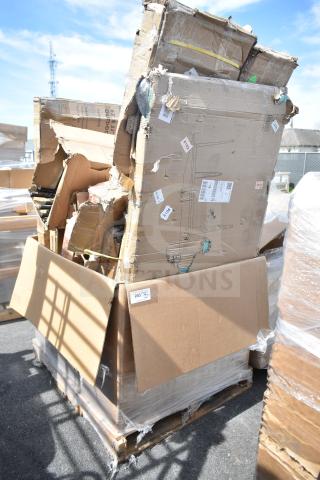 Pallet of 13 brand new scratch and dent furniture items in damaged boxes, includes chairs and tables. Auction lot APR-7.