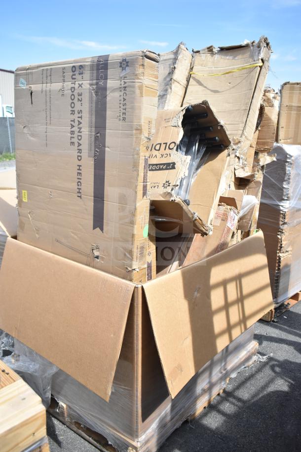 Pallet of 13 new scratch and dent items, including Lancaster tables in damaged boxes. Labels indicate outdoor furniture.