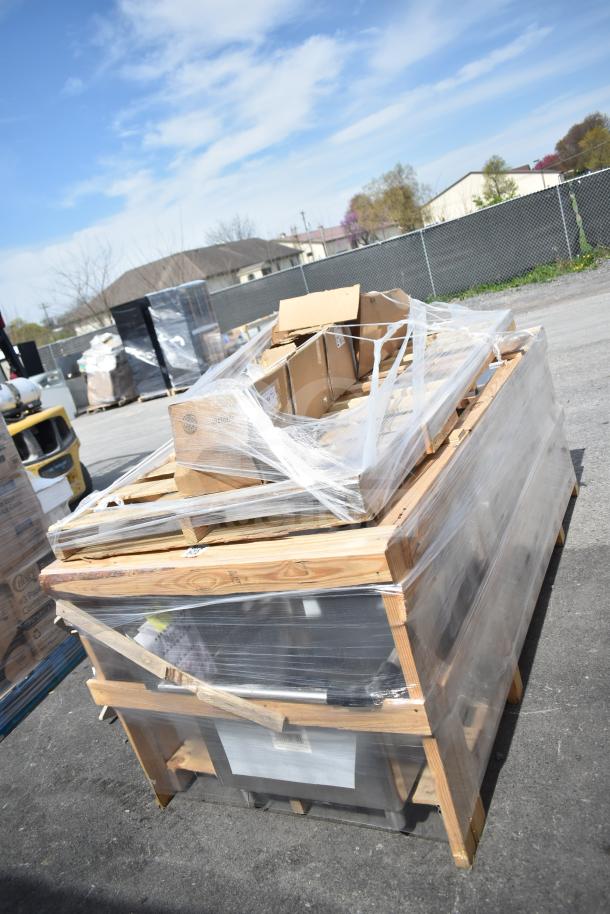 Pallet with 3 brand new scratch and dent items, including a sink, wrapped in plastic. See auction description for details. APR26-47.