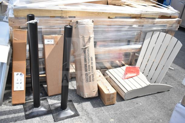 Eight new scratch and dent items, including a white slatted chair piece, sealed in original packaging.