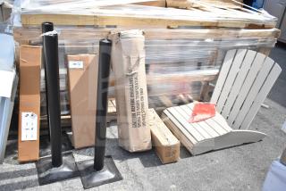 Eight new scratch and dent items, including a white slatted chair piece, sealed in original packaging.