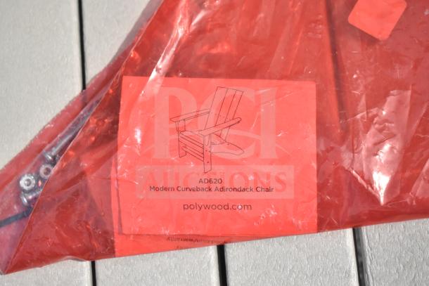 Polywood AD620 Modern Curveback Adirondack Chair in packaging. Includes a label with assembly hardware. New, scratch and dent condition.