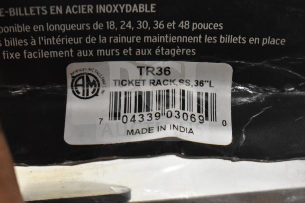 BRAND NEW TR36 Ticket Rack, stainless steel, 36-inch length, made in India. Label shows model and barcode.