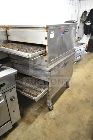 2021 Middleby Marshall PS638G conveyor pizza ovens, natural gas, 89,000 BTU, commercial casters, visible wear, dual units.