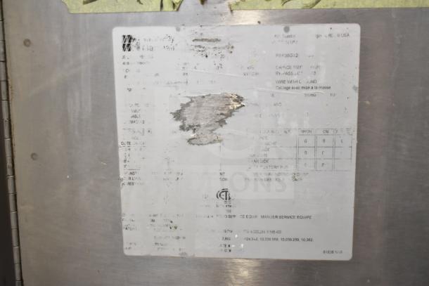 Middleby Marshall PS638G label close-up, showing model info and wear. Natural gas conveyor pizza ovens, 89,000 BTU, on casters.