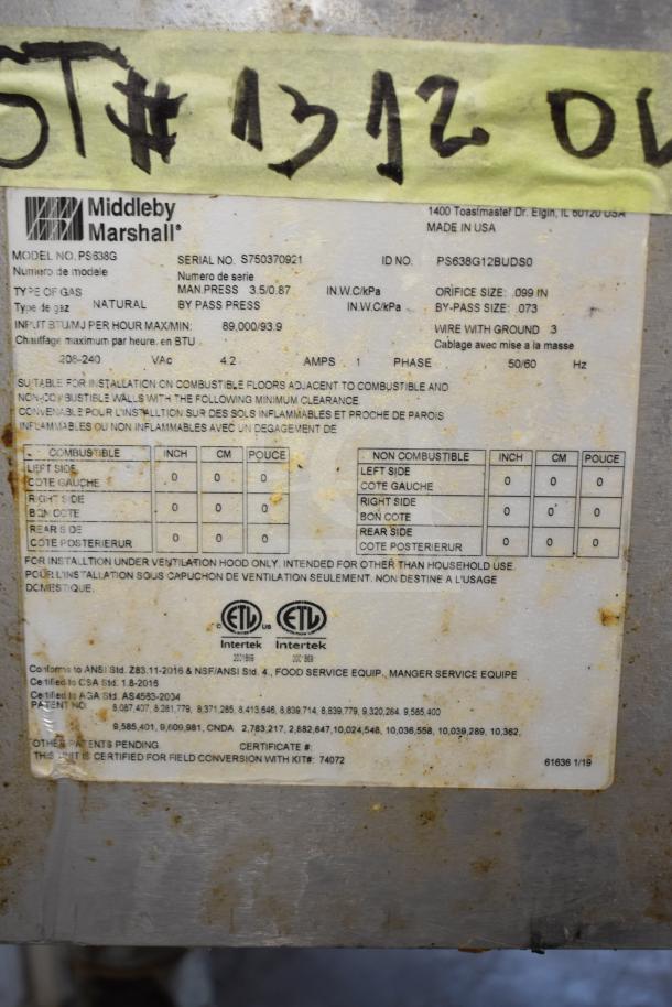 Middleby Marshall PS638G conveyor pizza oven label, showing specs for natural gas, 89,000 BTU, made in USA.