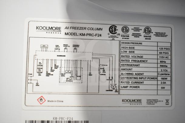 KoolMore KM-PRC-F24 label showing model details, ETL and Energy Star certifications, and technical specs.