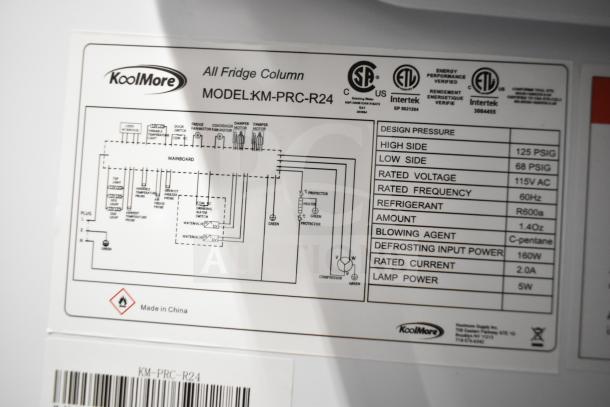 Label for KoolMore KM-PRC-R24 fridge, showing model details, voltage (115V), refrigerant (R600a), and ETL certifications.