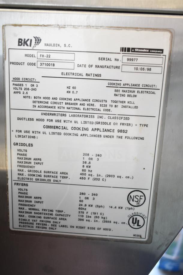 BKI FH-22 commercial self-contained hood, 208-240 volts, 1 or 3 phase, model FH-22, serial 99977, UL and NSF certified.