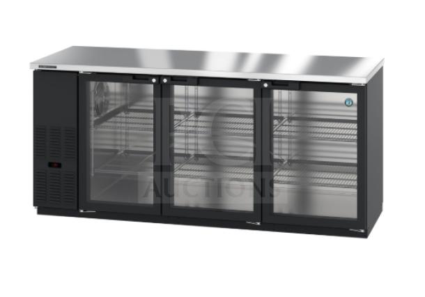 Hoshizaki BB80G commercial black vinyl triple glass door back bar refrigerator, brand new with wired rack.