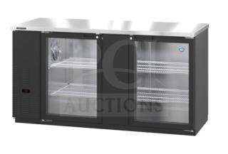 Brand new Hoshizaki HBB3G commercial black vinyl double glass door refrigerator with stainless steel worktop and wired rack.