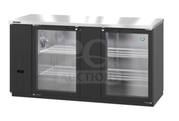 Brand new Hoshizaki HBB3GLD69 commercial back bar refrigerator, double glass doors, black vinyl, stainless steel worktop, wired rack.