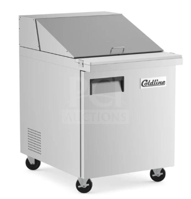 Coldline stainless steel refrigerated prep table, model SMP27, single door, 27" wide, on casters, new condition.