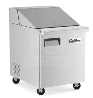 Coldline stainless steel refrigerated prep table, model SMP27, single door, 27" wide, on casters, new condition.