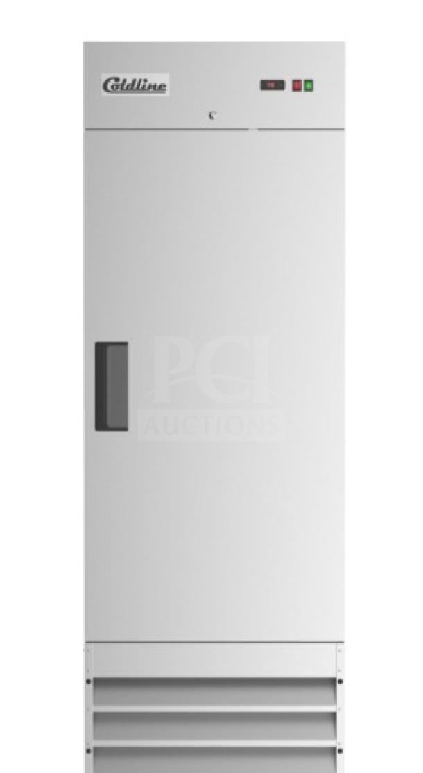 Brand new Coldline C19F commercial stainless steel 29" reach-in freezer with solid door and wired rack, 115V, 1 phase.