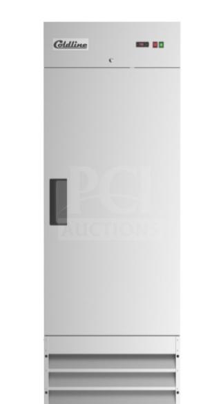 Brand new Coldline C19F commercial stainless steel 29" reach-in freezer with solid door and wired rack, 115V, 1 phase.