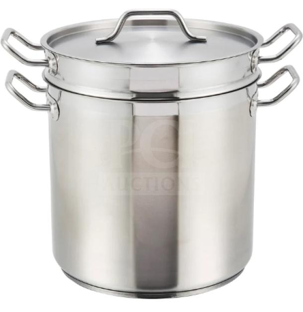 Brand new Winco Winware Series 12Qt stainless steel double boiler with insert and cover, Model SSDB12.