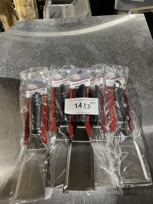 Brand new Winco Winware Series stainless steel hamburger turners, model TKP-61, in original packaging, set of five.