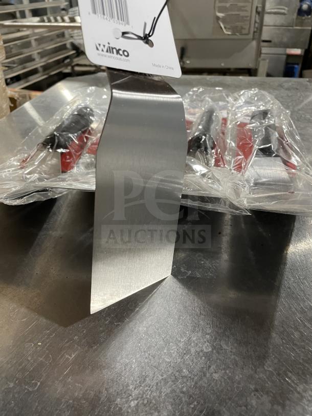 Brand new Winco Winware TKP61 stainless steel hamburger turner, commercial grade, with label showing brand and model.