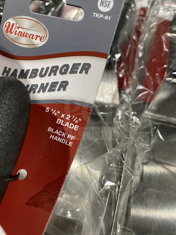 Brand new Winco Winware Commercial Hamburger Turner, Model TKP-61, stainless steel blade, black PP handle, NSF certified.