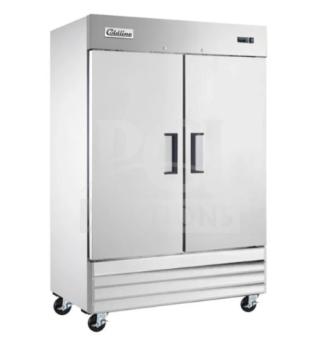 Brand new Coldline C-2RX commercial stainless steel 2-door reach-in refrigerator with caster wheels and digital display.