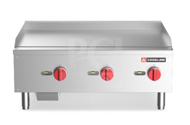 Cookline CGG-36M commercial stainless steel 36" flat griddle, new, with back and side splash, manual controls, on legs.