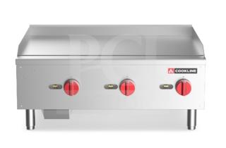 Cookline CGG-36M commercial stainless steel 36" flat griddle, new, with back and side splash, manual controls, on legs.