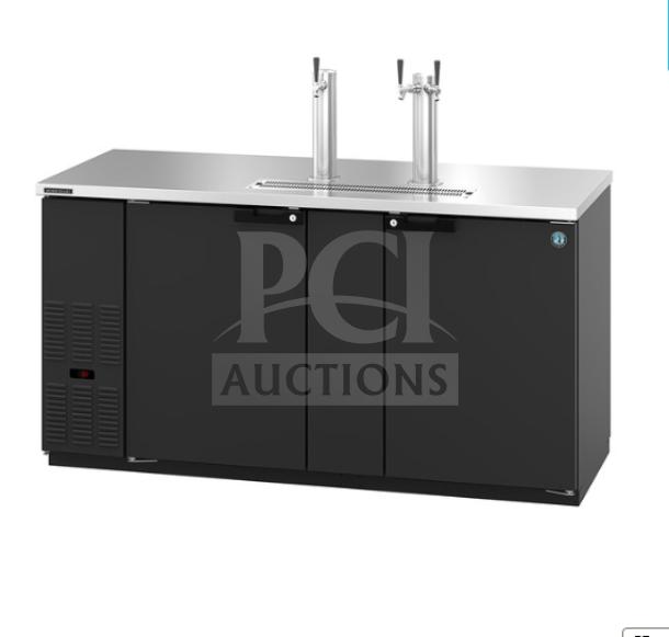 Hoshizaki DD69 black 2-door kegerator with stainless steel worktop, featuring single and double tap towers, brand new condition.
