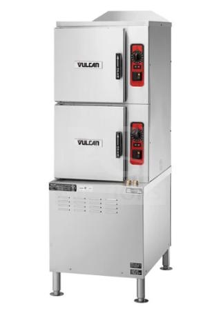 Vulcan C24ET10 stainless steel dual compartment convection steamer cabinet, brand new, with individual controls and pan rack.