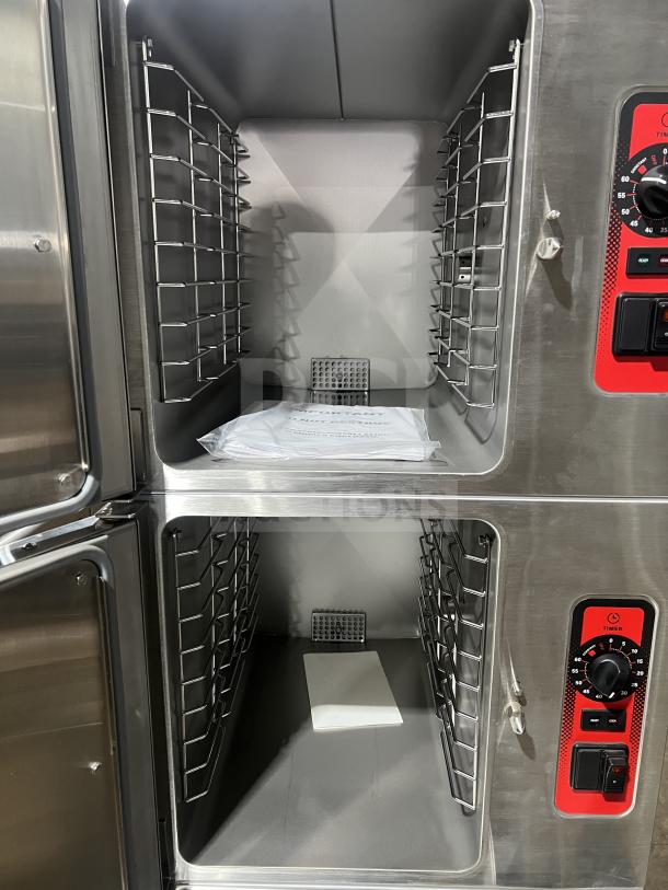 Vulcan stainless steel dual compartment convection steamer, model C24ET10, new, Energy Star Certified, with controls.