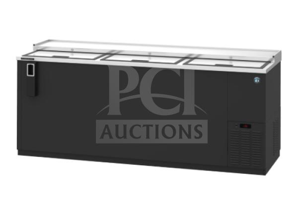 Brand new Hoshizaki HBC80 black vinyl 3-section refrigerated back bar bottle cooler with 3 top sliding doors, 115V, 1 Phase.