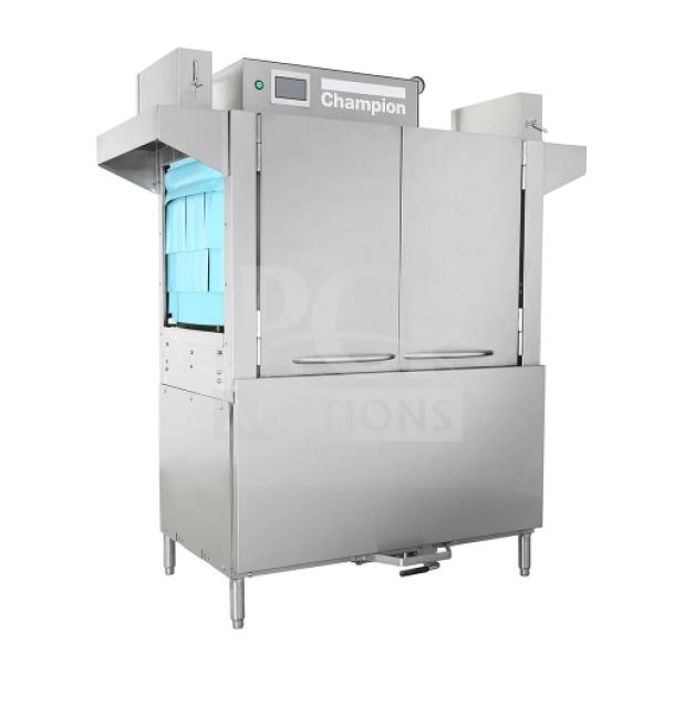Champion 44PRO stainless steel high-temperature conveyor dishwasher with full-size dish rack and built-in booster, new condition.