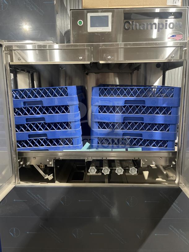 Champion 44PRO stainless steel commercial conveyor dishwasher, brand new, with built-in booster and full-size dish rack.